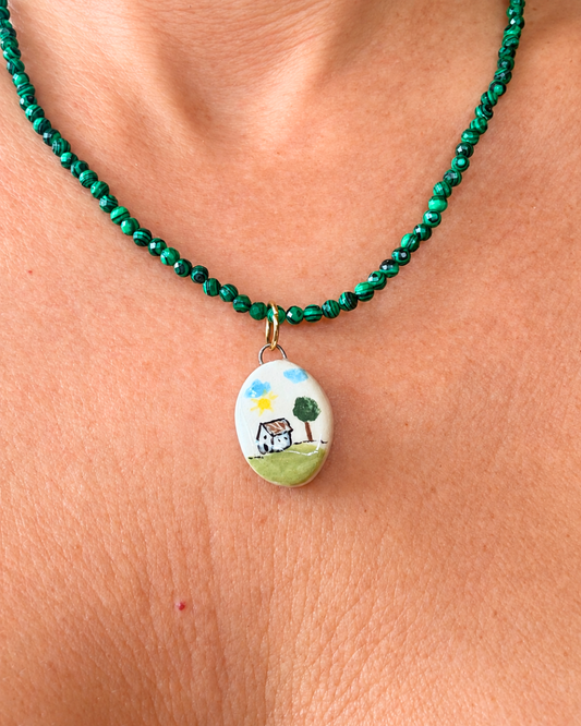 Collana in malachite con ciondolo paesaggio fatto a mano